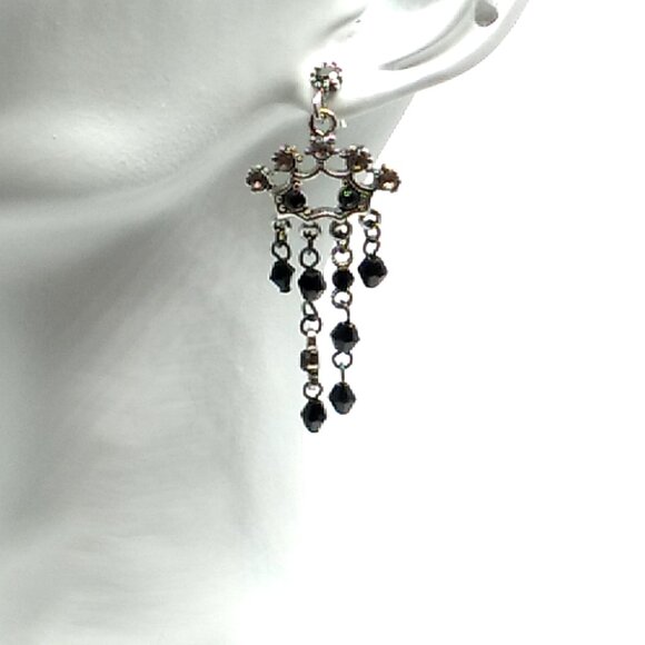Vintage Style Black Chandelier Faceted Bead Rhinestone Silver Tone Dangle Post - Picture 5 of 7